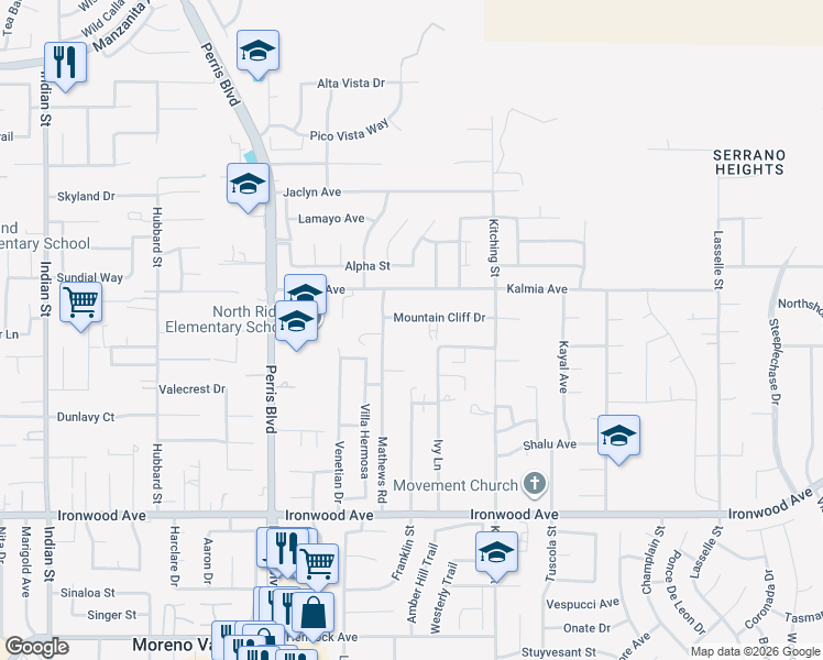 map of restaurants, bars, coffee shops, grocery stores, and more near 25325 Mountain Cliff Drive in Moreno Valley