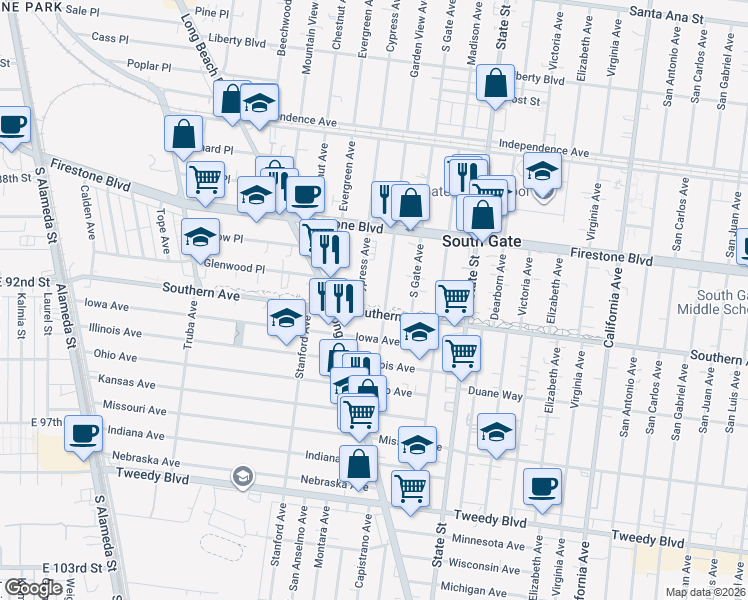 map of restaurants, bars, coffee shops, grocery stores, and more near 8993 Garden View Avenue in South Gate