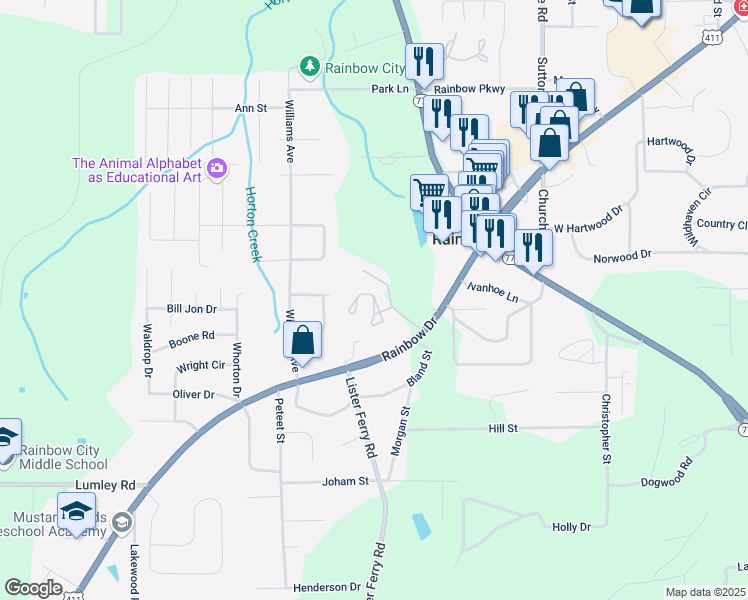 map of restaurants, bars, coffee shops, grocery stores, and more near 3715 Rainbow Drive in Rainbow City