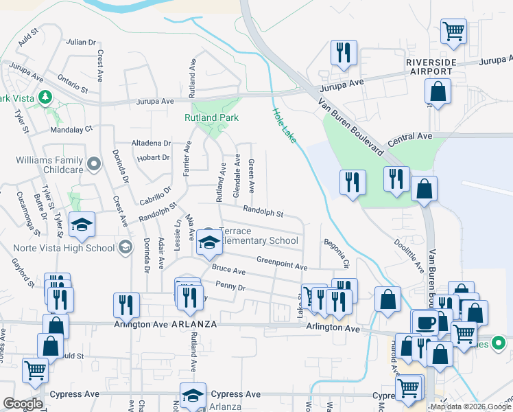 map of restaurants, bars, coffee shops, grocery stores, and more near 8613 Randolph Street in Riverside
