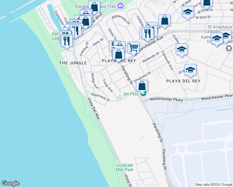 map of restaurants, bars, coffee shops, grocery stores, and more near 7548 Trask Avenue in Los Angeles