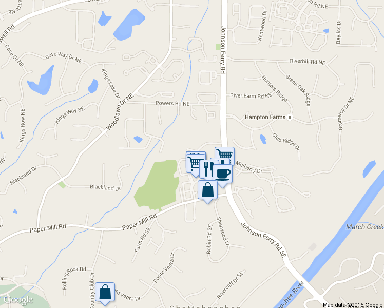map of restaurants, bars, coffee shops, grocery stores, and more near 155 Johnson Ferry Road in Marietta