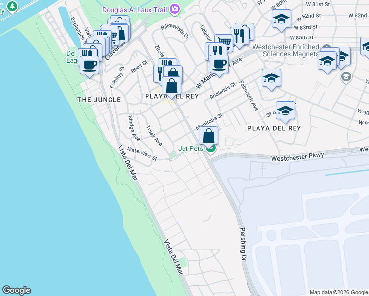 map of restaurants, bars, coffee shops, grocery stores, and more near 405 Waterview Street in Los Angeles