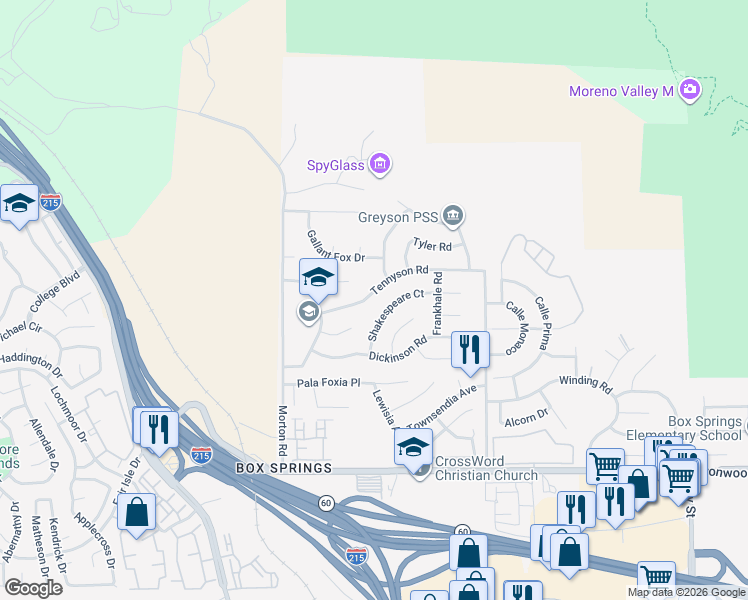 map of restaurants, bars, coffee shops, grocery stores, and more near 21257 Tennyson Road in Moreno Valley