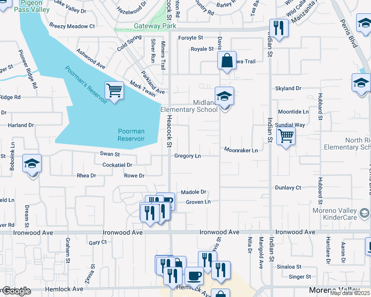 map of restaurants, bars, coffee shops, grocery stores, and more near 11587 Triumph Lane in Moreno Valley