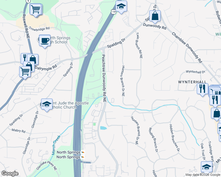 map of restaurants, bars, coffee shops, grocery stores, and more near 7227 Peachtree Dunwoody Road Northeast in Atlanta