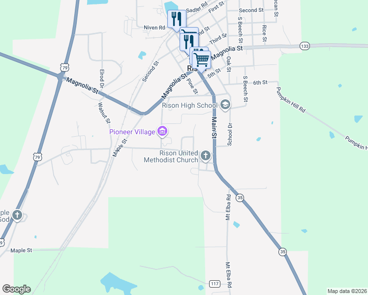 map of restaurants, bars, coffee shops, grocery stores, and more near 92 Moore Circle in Rison