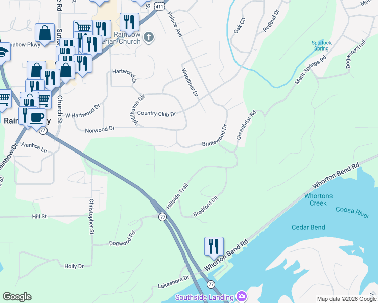 map of restaurants, bars, coffee shops, grocery stores, and more near 156 Bridlewood Drive in Gadsden