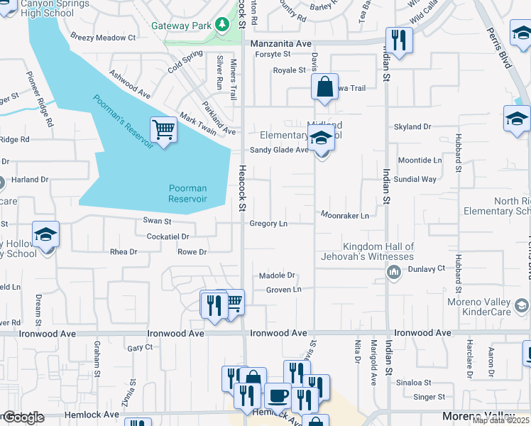 map of restaurants, bars, coffee shops, grocery stores, and more near 11587 Triumph Lane in Moreno Valley
