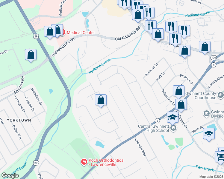 map of restaurants, bars, coffee shops, grocery stores, and more near 280 Regal Drive Northwest in Lawrenceville