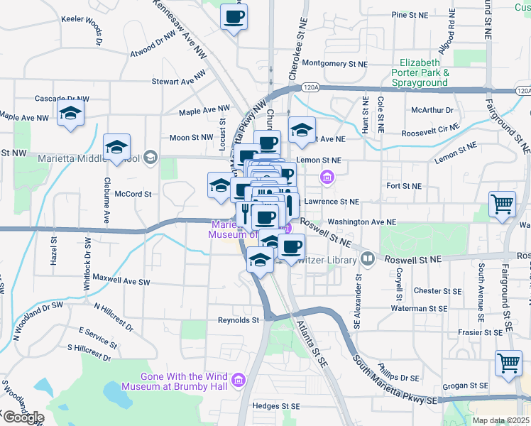 map of restaurants, bars, coffee shops, grocery stores, and more near in Marietta