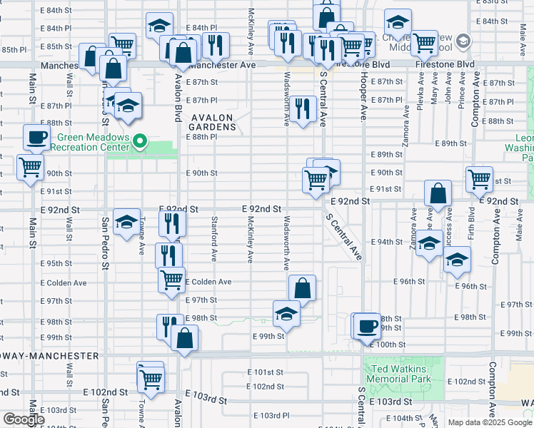 map of restaurants, bars, coffee shops, grocery stores, and more near 826 East 92nd Street in Los Angeles