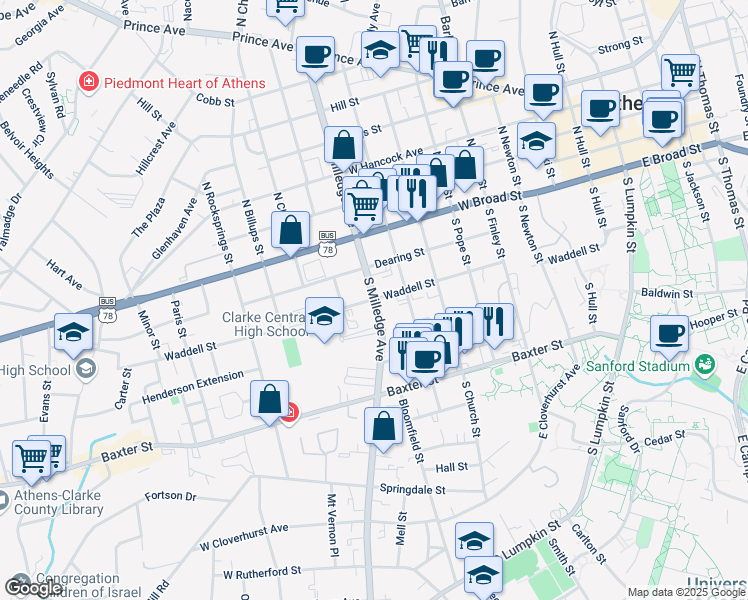 map of restaurants, bars, coffee shops, grocery stores, and more near S Milledge Ave & Waddell St in Athens