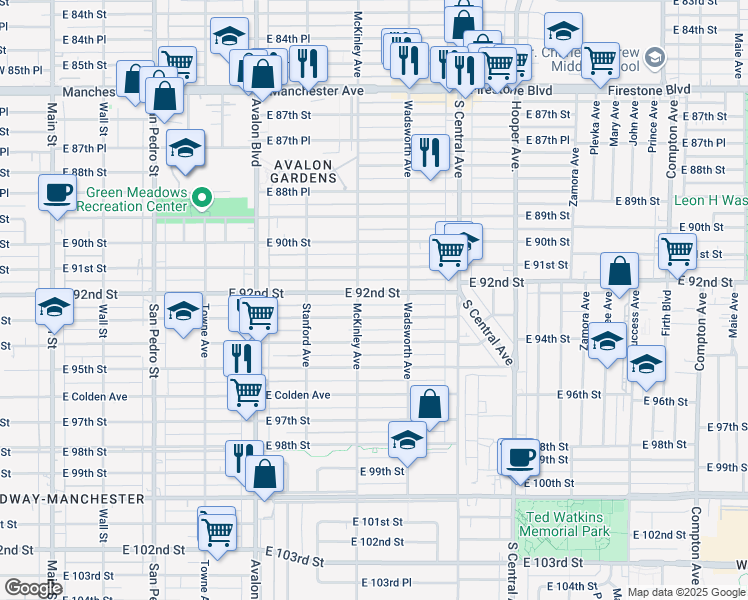 map of restaurants, bars, coffee shops, grocery stores, and more near 816 East 92nd Street in Los Angeles