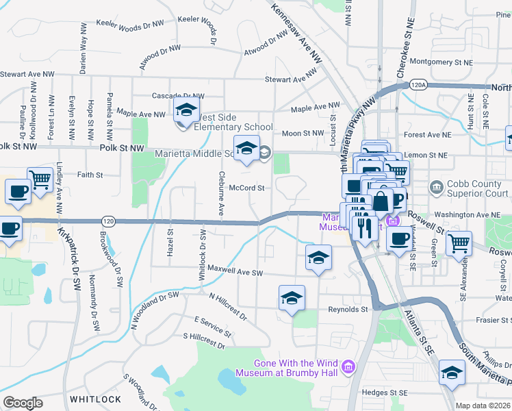 map of restaurants, bars, coffee shops, grocery stores, and more near 38 Oakmont Drive in Marietta