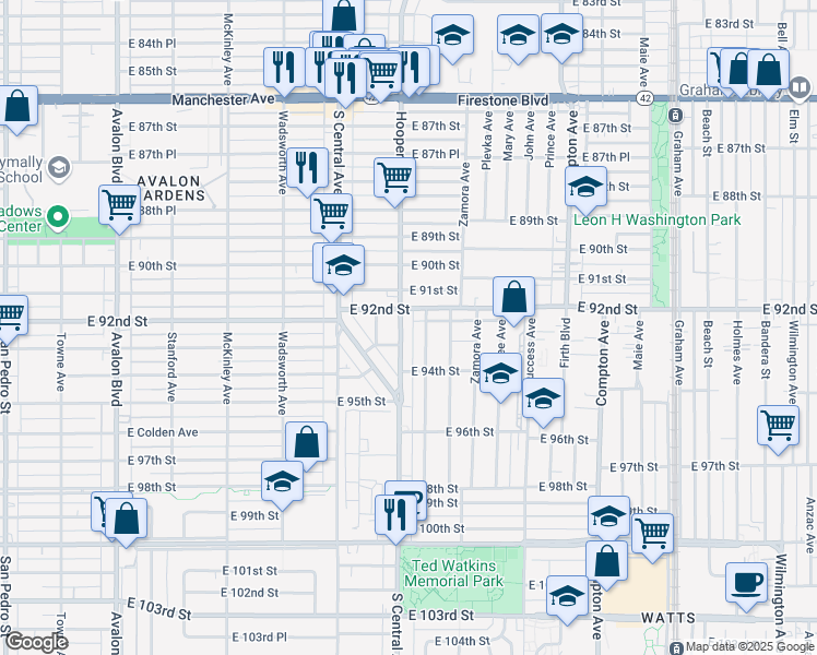 map of restaurants, bars, coffee shops, grocery stores, and more near 9218 Hooper Avenue in Los Angeles