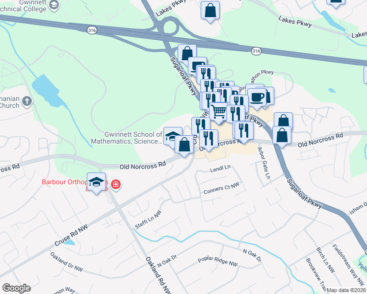 map of restaurants, bars, coffee shops, grocery stores, and more near 1867 Norcross Chase Circle in Lawrenceville