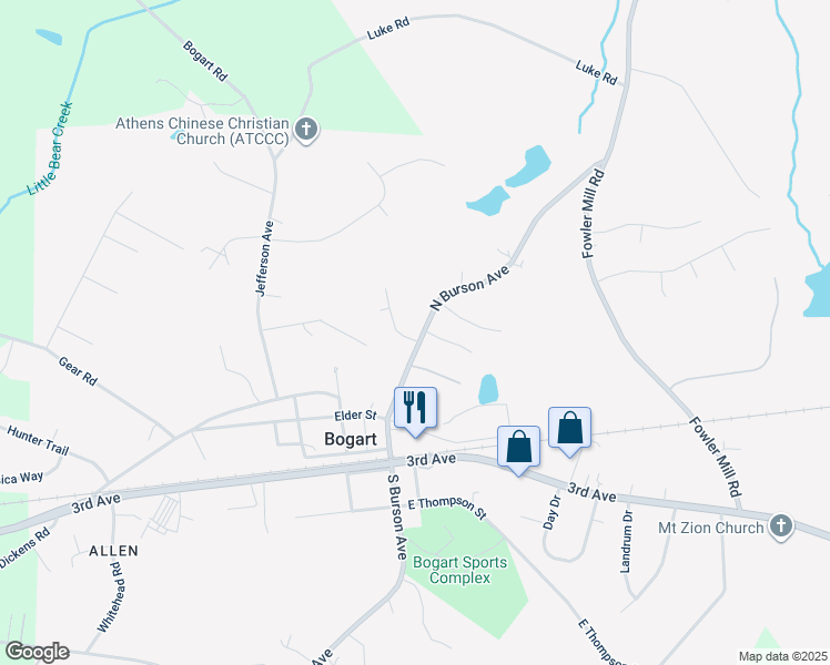 map of restaurants, bars, coffee shops, grocery stores, and more near 229 North Burson Avenue in Bogart