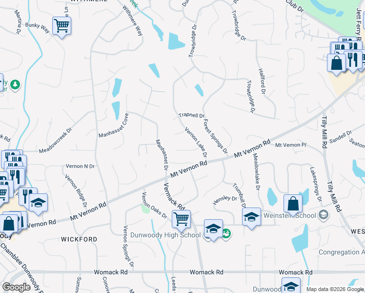 map of restaurants, bars, coffee shops, grocery stores, and more near 1738 Wilder Court in Dunwoody