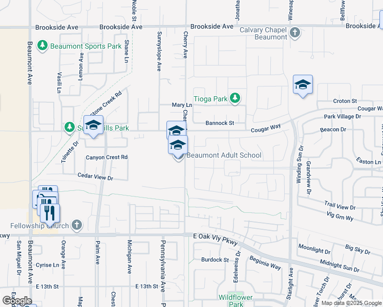map of restaurants, bars, coffee shops, grocery stores, and more near 1569 Milky Way in Beaumont