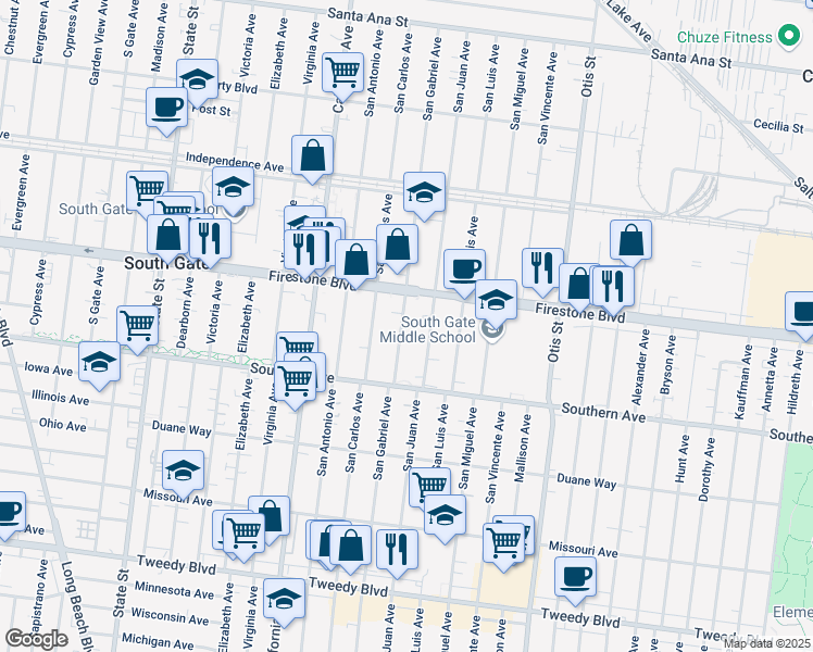 map of restaurants, bars, coffee shops, grocery stores, and more near 8936 San Gabriel Avenue in South Gate