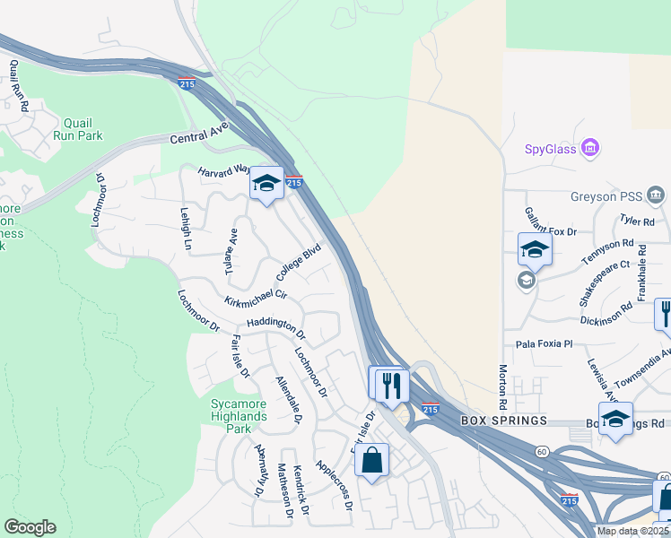 map of restaurants, bars, coffee shops, grocery stores, and more near 20520 Claremont Avenue in Riverside