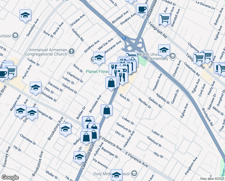 map of restaurants, bars, coffee shops, grocery stores, and more near 9625 Lakewood Boulevard in Downey