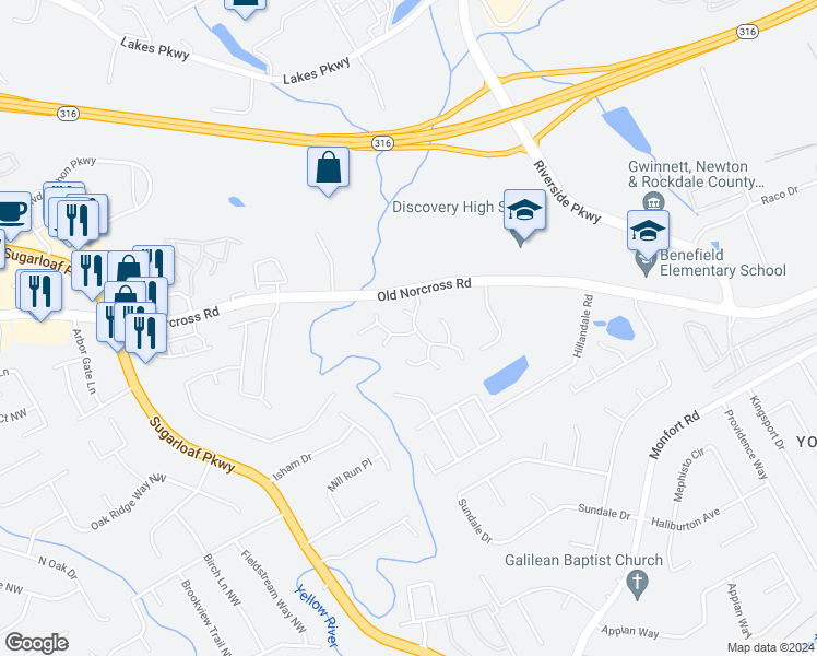 map of restaurants, bars, coffee shops, grocery stores, and more near 1403 Alamein Drive in Lawrenceville