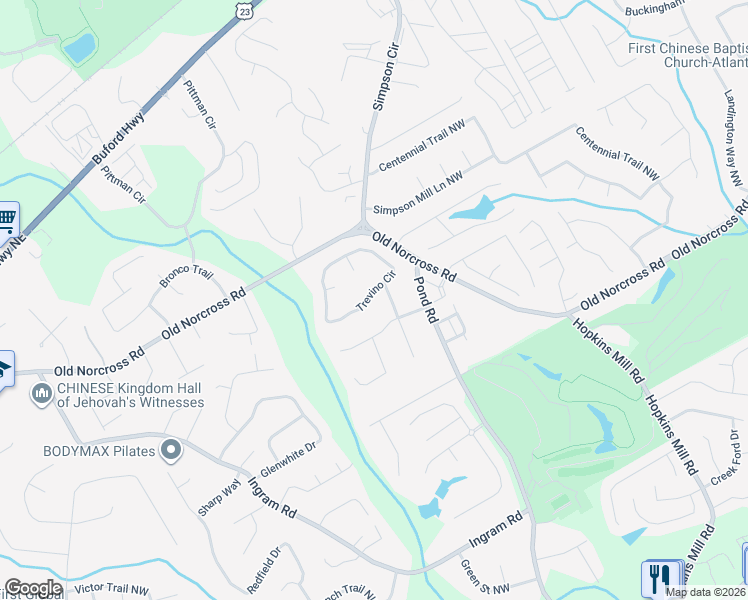 map of restaurants, bars, coffee shops, grocery stores, and more near 5011 Trevino Circle in Duluth