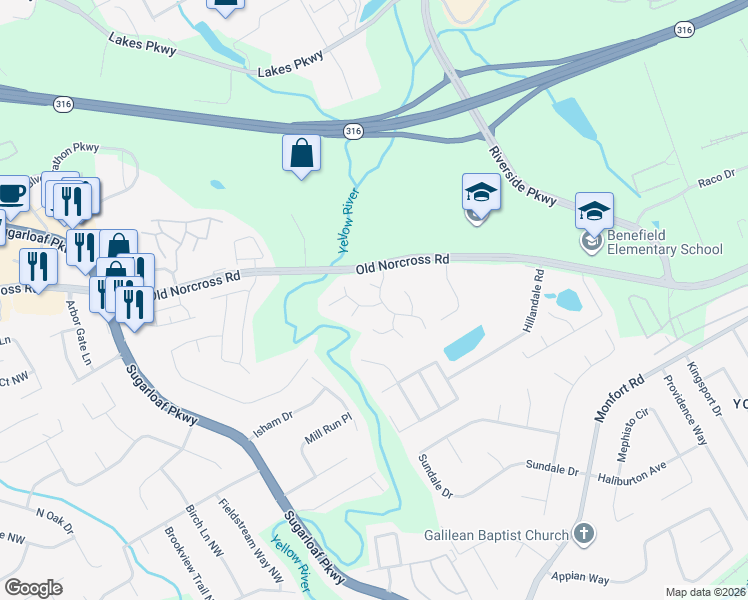 map of restaurants, bars, coffee shops, grocery stores, and more near 1403 Alamein Drive in Lawrenceville