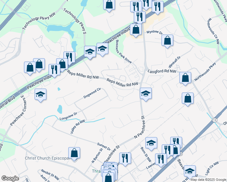 map of restaurants, bars, coffee shops, grocery stores, and more near 701 Dogwood Circle in Norcross
