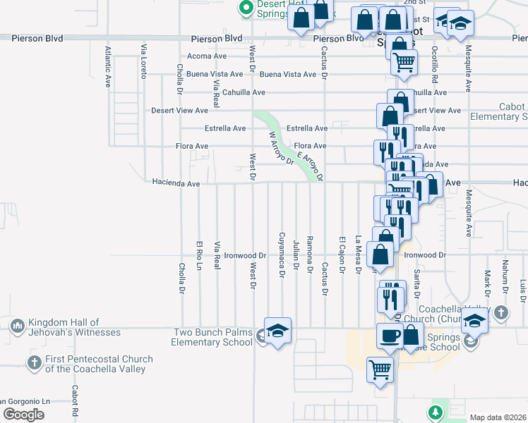 map of restaurants, bars, coffee shops, grocery stores, and more near 13205 Santa Ysabel Drive in Desert Hot Springs