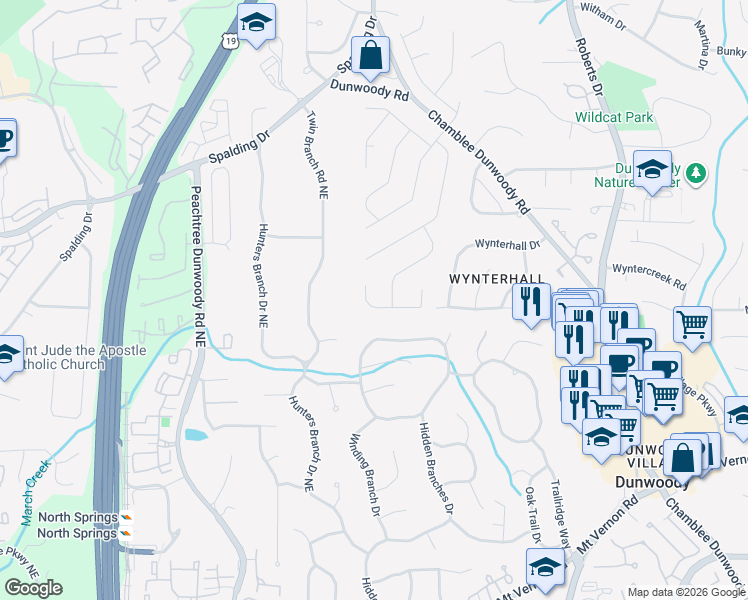 map of restaurants, bars, coffee shops, grocery stores, and more near 1036 Redfield Terrace in Dunwoody
