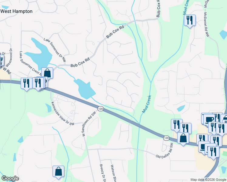 map of restaurants, bars, coffee shops, grocery stores, and more near 3037 Tottenham Lane Southwest in Marietta