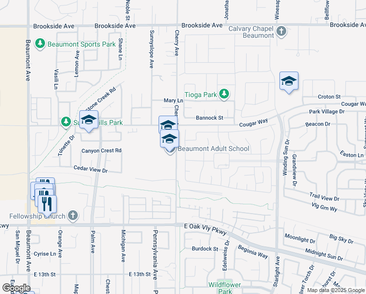 map of restaurants, bars, coffee shops, grocery stores, and more near 1569 Milky Way in Beaumont