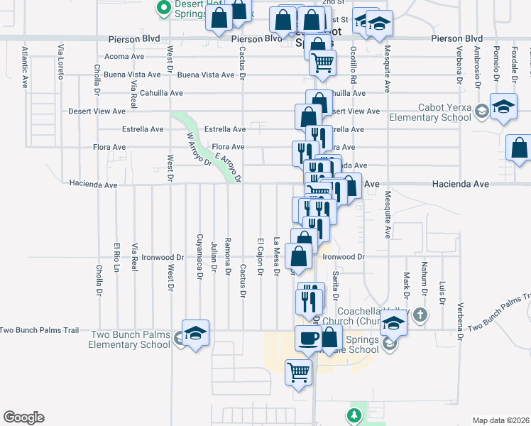 map of restaurants, bars, coffee shops, grocery stores, and more near 13204 El Cajon Drive in Desert Hot Springs