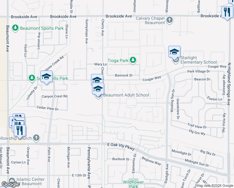 map of restaurants, bars, coffee shops, grocery stores, and more near 1592 Milky Way in Beaumont