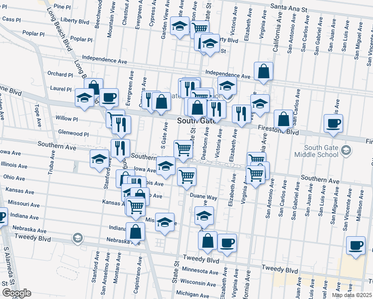 map of restaurants, bars, coffee shops, grocery stores, and more near 8984 Madison Avenue in South Gate