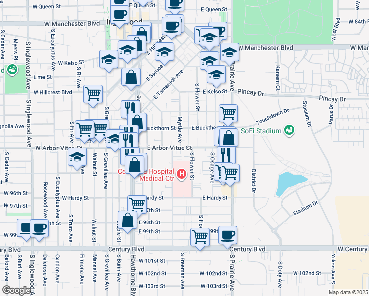 map of restaurants, bars, coffee shops, grocery stores, and more near 510 East Arbor Vitae Street in Inglewood