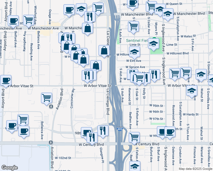 map of restaurants, bars, coffee shops, grocery stores, and more near 5216 Arbor Vitae Street in Los Angeles