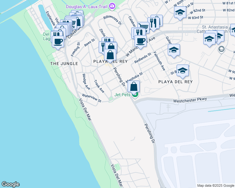 map of restaurants, bars, coffee shops, grocery stores, and more near 401 Waterview Street in Los Angeles