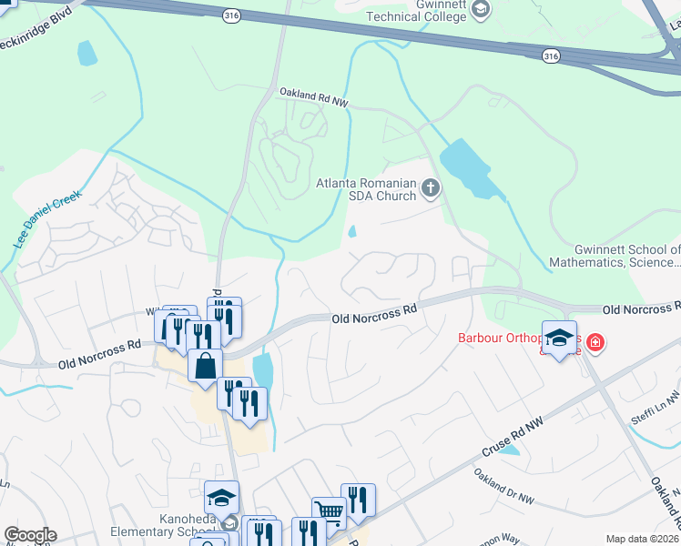 map of restaurants, bars, coffee shops, grocery stores, and more near 2295 Carlysle Cove Drive in Lawrenceville