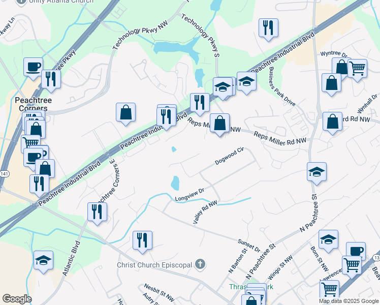 map of restaurants, bars, coffee shops, grocery stores, and more near 265 Dogwood Walk Lane in Norcross