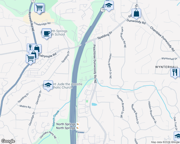 map of restaurants, bars, coffee shops, grocery stores, and more near 28 Westfair Court Northeast in Sandy Springs