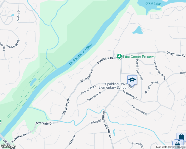 map of restaurants, bars, coffee shops, grocery stores, and more near 7225 Riverside Drive in Atlanta