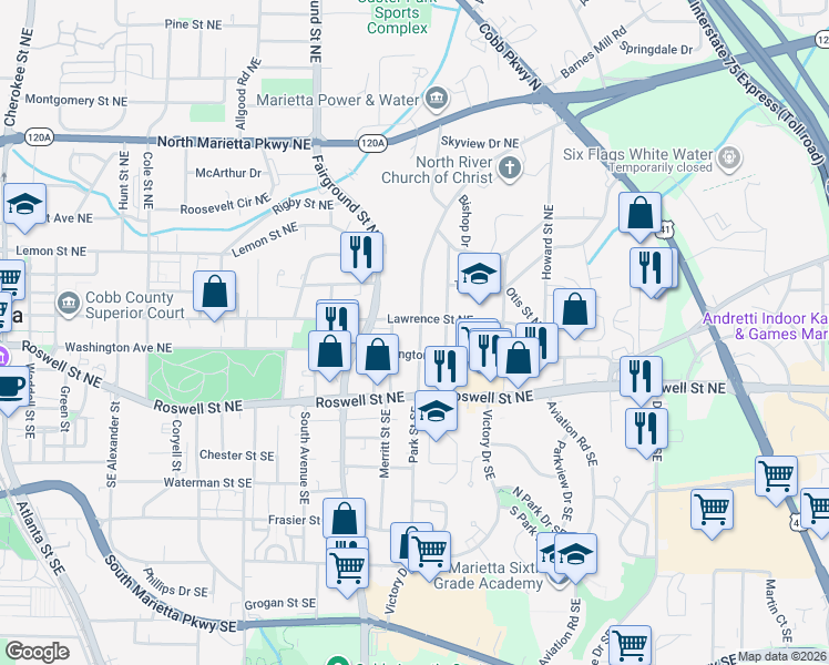 map of restaurants, bars, coffee shops, grocery stores, and more near 71 Austin Avenue Northeast in Marietta