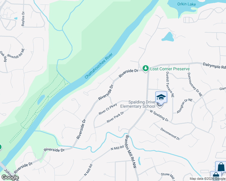 map of restaurants, bars, coffee shops, grocery stores, and more near 7225 Riverside Drive in Atlanta