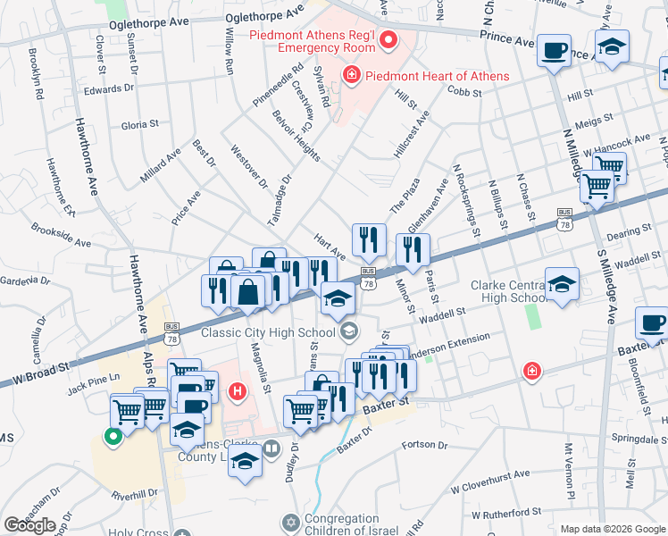 map of restaurants, bars, coffee shops, grocery stores, and more near 1880 West Broad Street in Athens