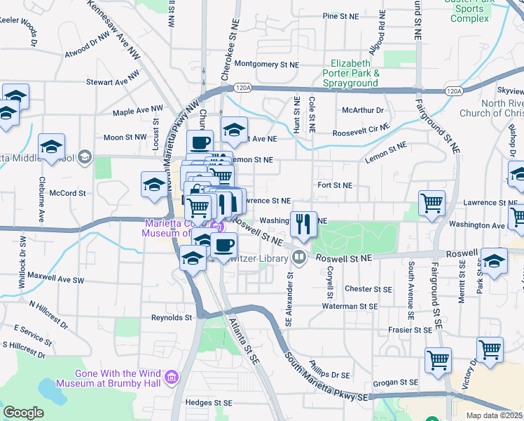 map of restaurants, bars, coffee shops, grocery stores, and more near 70 Haynes Street in Marietta