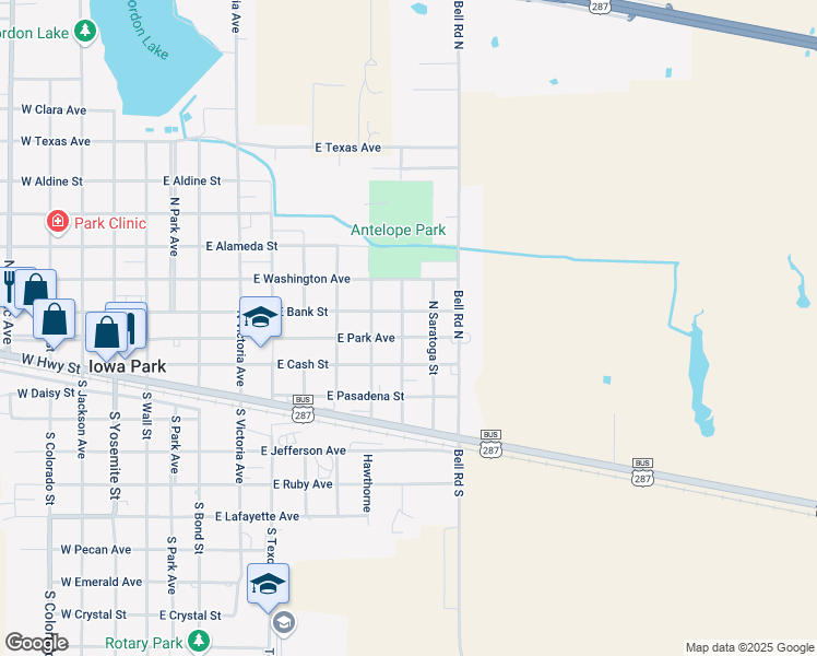 map of restaurants, bars, coffee shops, grocery stores, and more near 822 East Park Avenue in Iowa Park